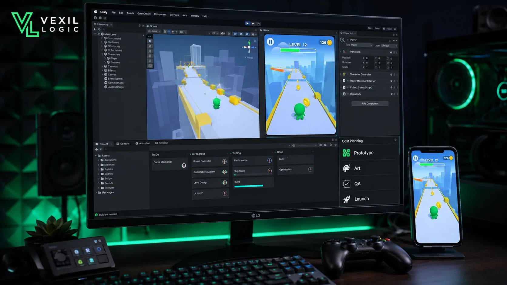 Unity mobile game development editor showing a game scene, phone preview, and launch planning dashboard